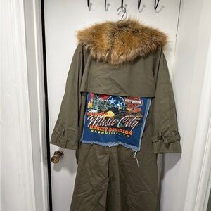 Olive Trench Coat with Faux Fur Collar & Music City Back Patch